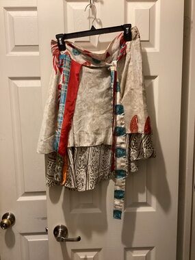 Boho Tiered Wrap Mini Skirt in Cream with Red & Teal Accents